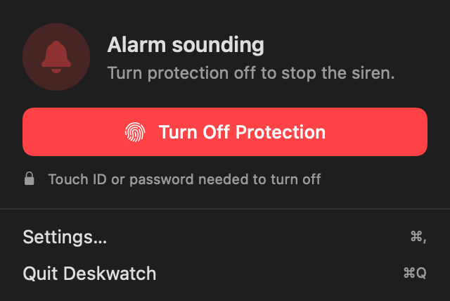 The Deskwatch panel while the alarm is sounding