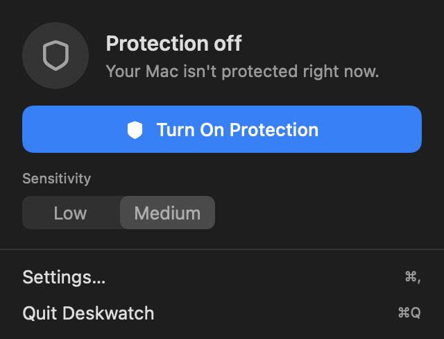 The Deskwatch menu bar panel with the Turn On Protection button