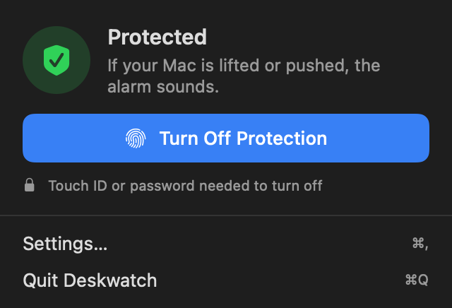 The Deskwatch panel showing that Touch ID is needed to turn protection off