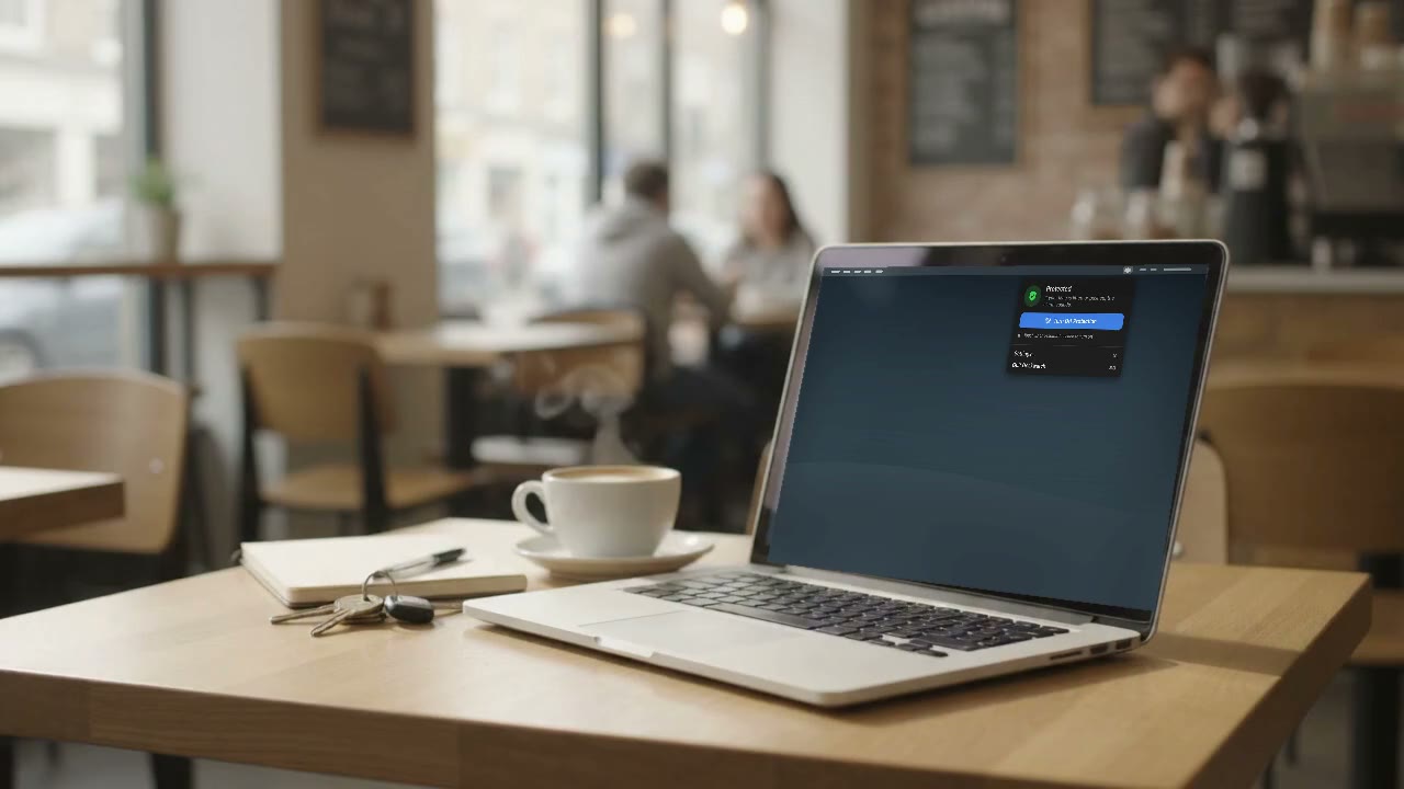 A MacBook left open and alone on a café table